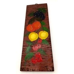 Vintage Original Fruit Oil Painting On 7X20 Carved Wood Plank Signed